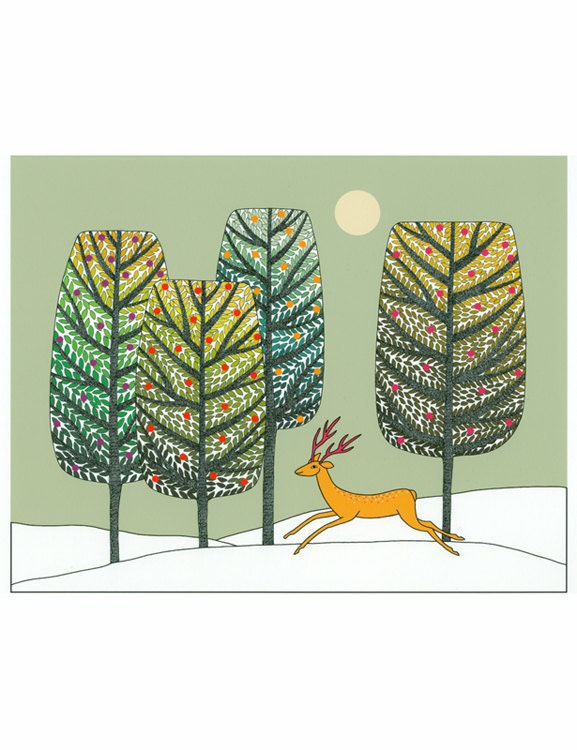 10" x 8" Art Illustration Print Green Gold Brown Trees Golden Deer Snow Landscape Decorative Art