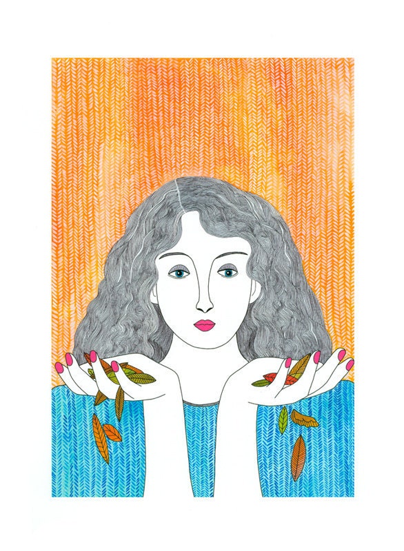Art Illustration Print A4 Woman Holding Leaves Turquoise Orange Peach Modern Folk Drawing Ink And Watercolour Drawing Symbolism