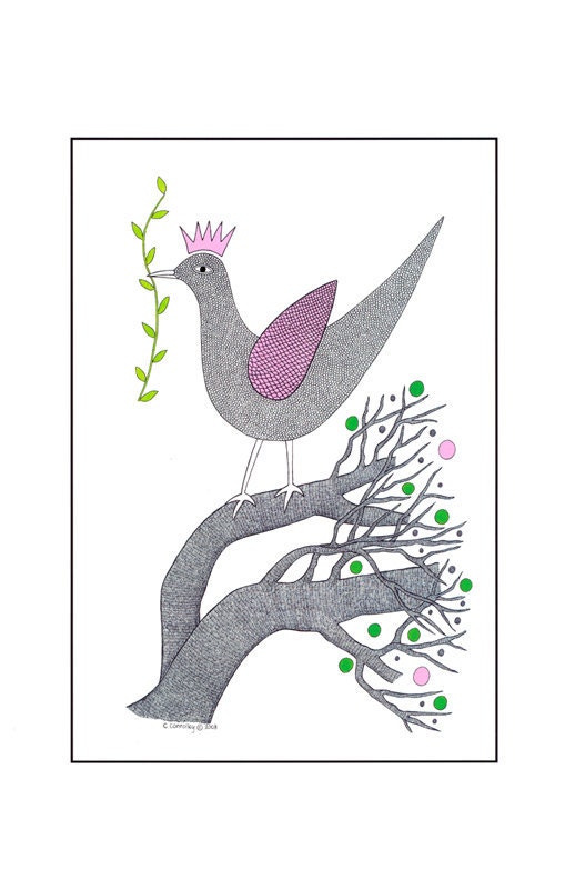 Art Illustration Drawing A4 Print Ink And Watercolour Bird Art Bird On Tree Detailed Pen And Ink Symbolism