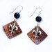 Copper Dangle Earrings, Fleur De Lis patterned copper, mixed metal, patina, Black beads, sterling silver ear wires