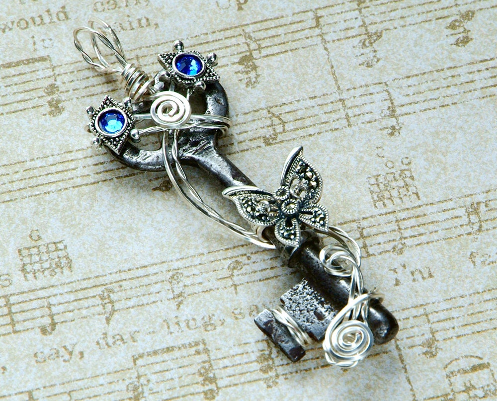 Antique Skeleton Key Necklace, wire wrapped skeleton key necklace, butterfly