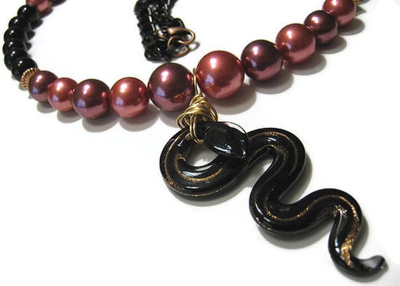 Glass Beaded Pink and Black Snake Necklace