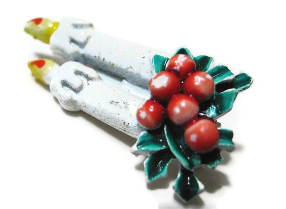 White Enameled Vintage Christmas Candle Brooch Pin