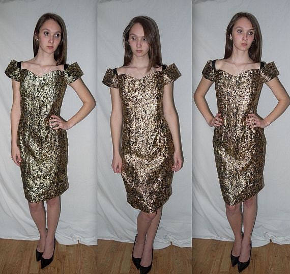 Go Glam ... Vintage 80s party dress / metallic gold / cocktail dress / formal prom / baroque fall fashion / trophy dynasty... M / bust 36