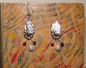 Melted Edge Pink and White Freshwater Pearl and Garnet Earrings