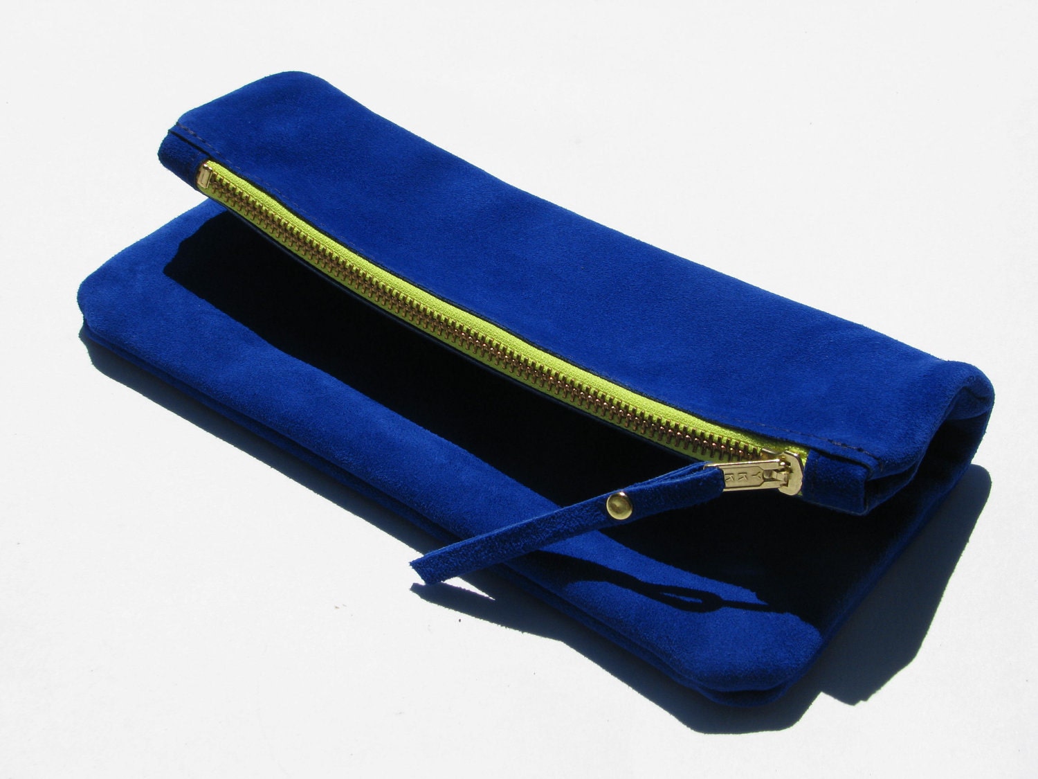 The MIDI Clutch  / / /  C O B A L T & N E O N  / / /  medium suede leather clutch in bright blue and neon yellow - JoynerAvenue