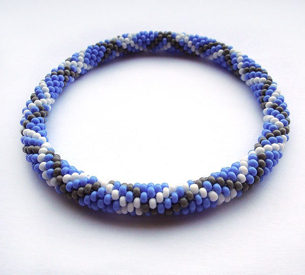 Crochet beads rope bracelet bangle ,denim blue ,white,grey, plus size fashion ,geometric  jewellery, gift for her, beadwork