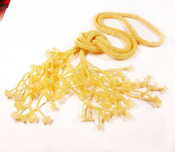 Beads crochet rope necklace -lariat with yellow aragonite beads, seed beads jewellery, beadwork lariat