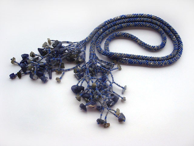 SUMMER SALE Blue denim beads crochet rope necklace lariat  belt with sodalite beads- beaded jewelry- blue jewelry- beadwork