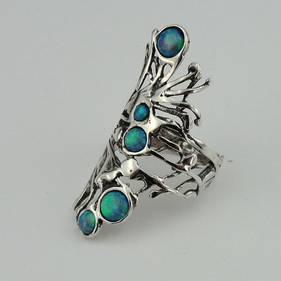 Stunning Long Sterling Silver Opal Ring size 7.5 (h 1588b