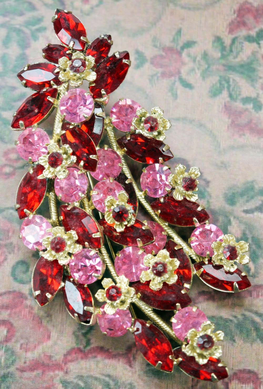 Vintage 1950s Brooch Flower Spray - Pink and Red