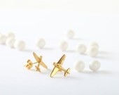 Airplane Gold earrings, gold stud earrings, post earrings, Airplane jewelry.