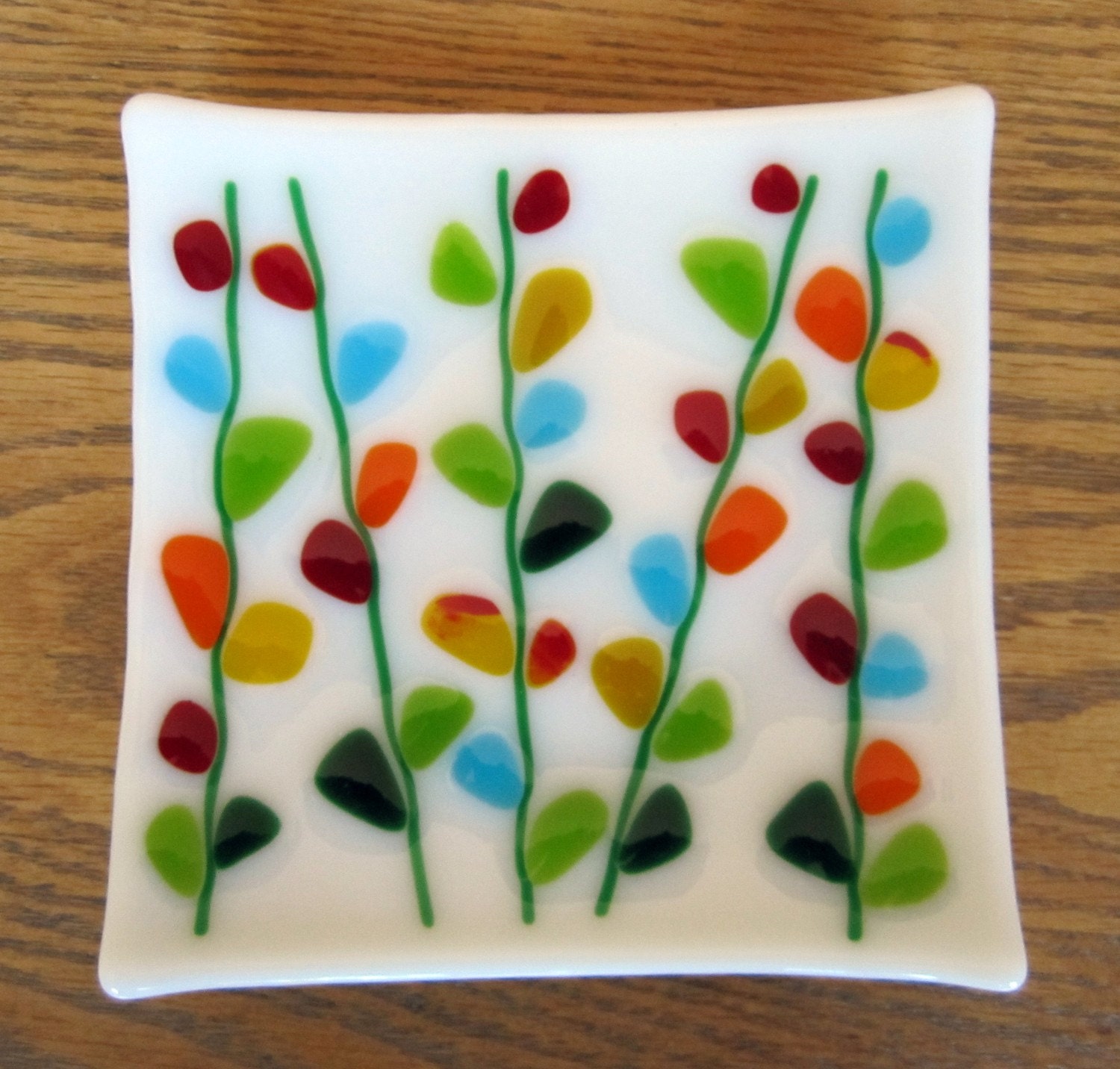 Blooming Branches on White Fused Glass Plate