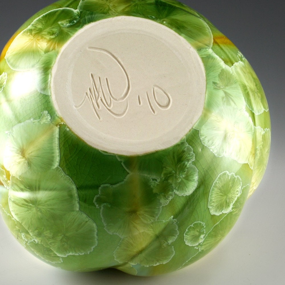 Hand Carved Crystalline Glazed Gold and Green Vase