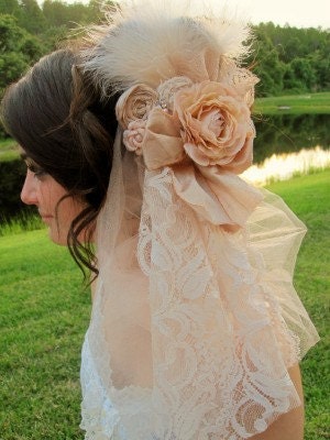 Bridal Veil Soft Ivory, Blush & Mocha Rosette Wedding Bridal Hairclip Headpiece Vintage-inspired w/Feathers,Tulle and Lace