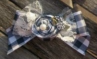 Doggie Bowclip with hand rolled rosette, gingham ribbon, lace & pearl accents