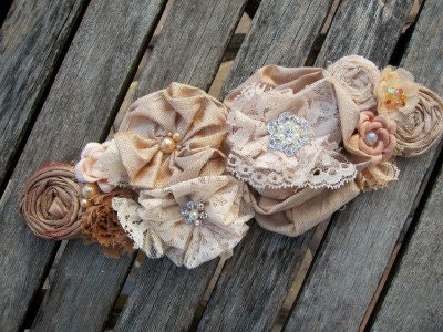 Champagne Blush & Neutrals Rosette Wedding or Maternity Sash Vintage-inspired w/ Handrolled Fabric Rosettes and Feathers