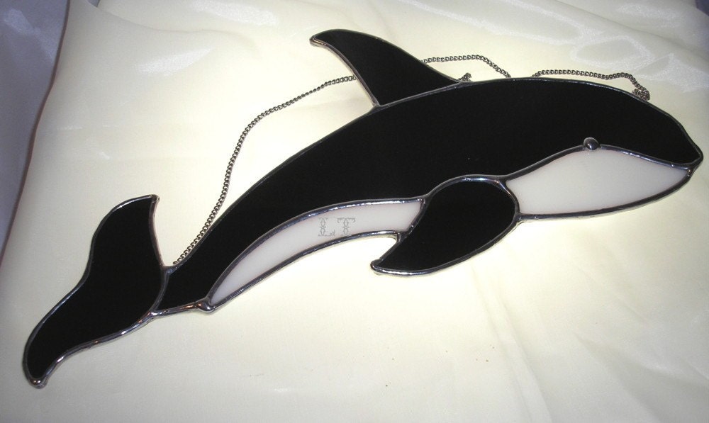 LT Stained glass Orca Whale suncatcher light catcher made with solid black and white opal glass