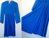 S / M Vintage 1970s Royal Blue A Line Long Sleeve Dress With Pleats