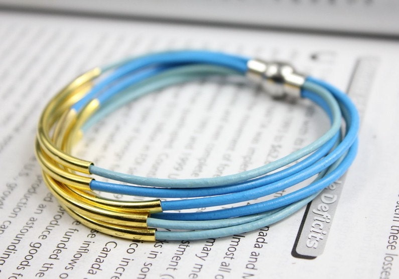 blue leather bangle bracelet with gold tube and magnetic clasp eac277d