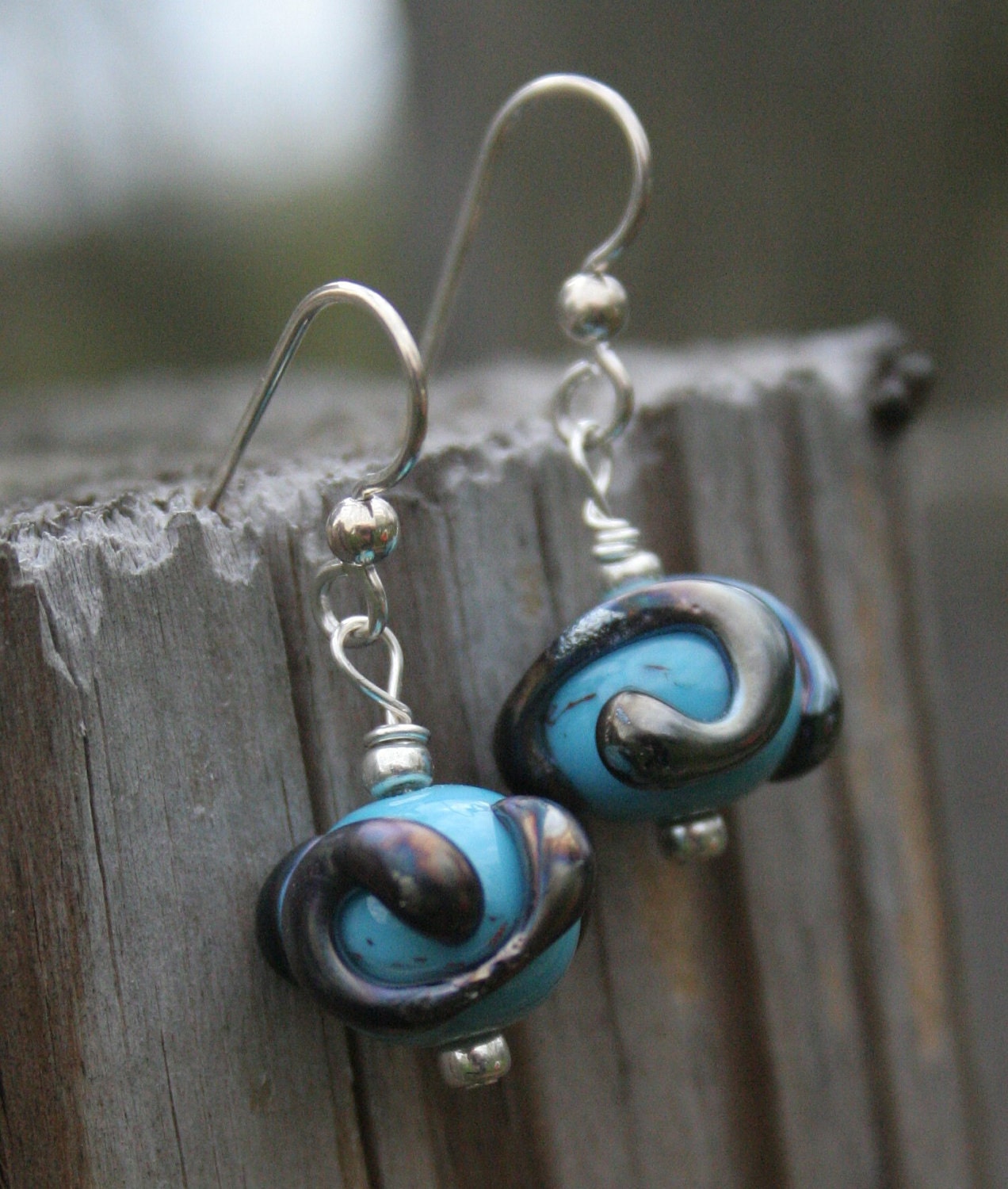 Turquoise Bead with Black Metallic Swirl Lampworking Sterling Silver Earrings