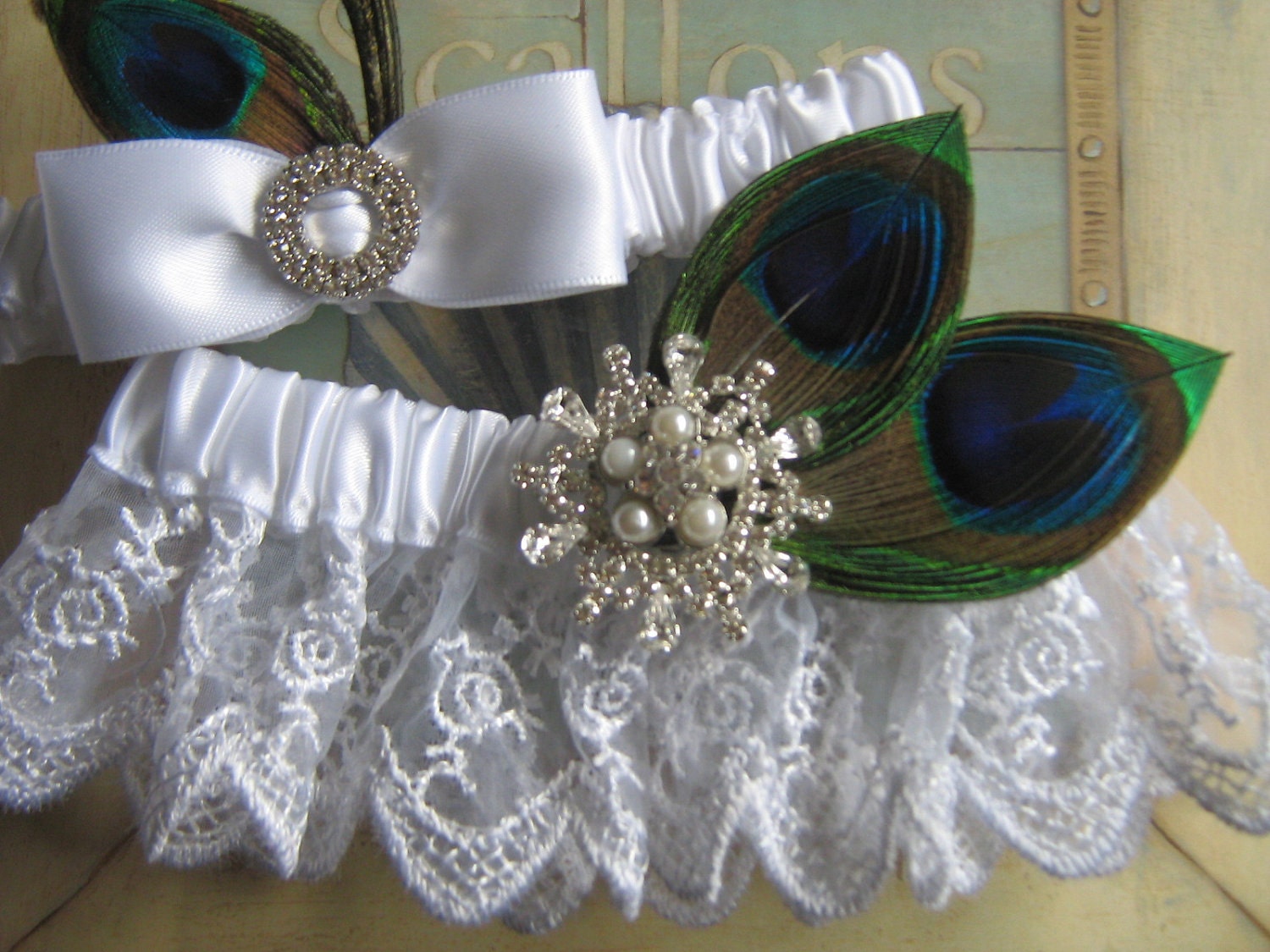 Bridal Garter Set in White Organza Lace with Heirloom Pearl Rhinestone Brooch and Peacock Eyes