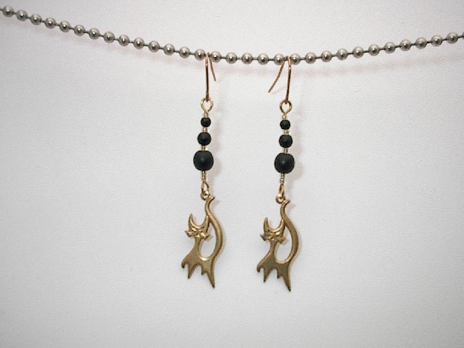 Halloween Dangle Earrings Prancing Brass Cats Black Beads