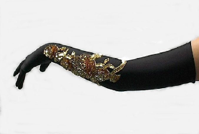 Black Gloves Long Prom Gloves Gold Sequins Beads Embroidered Applique Artisan Crafted OOAK