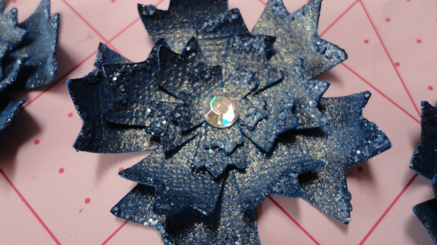 3 Beautiful Tattered Chic Dark Blue Flowers, Glimmer, Pearlescent acrylic Gem