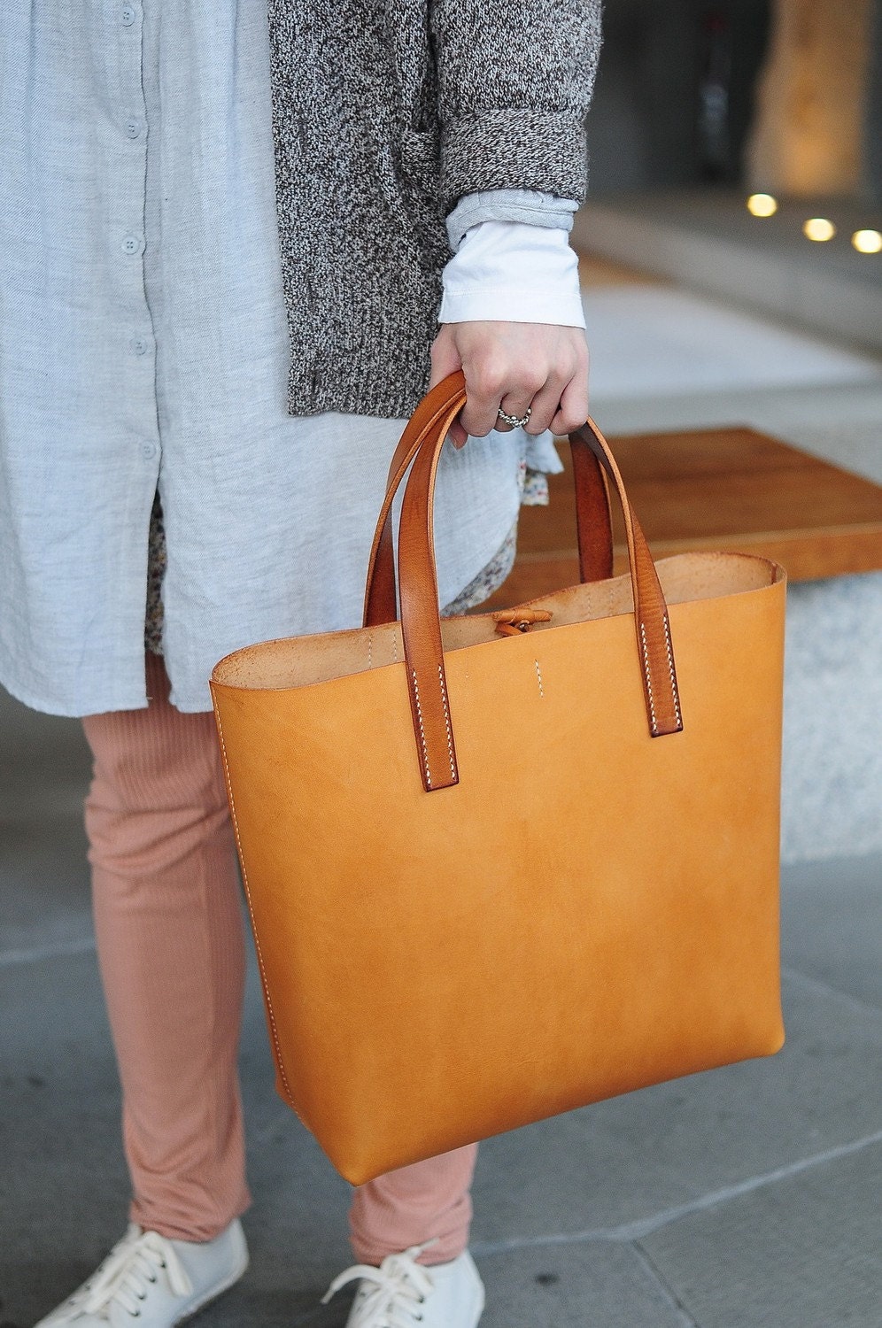 Hand Stitched Light Brown Leather Tote Bag (special for Phyllis)