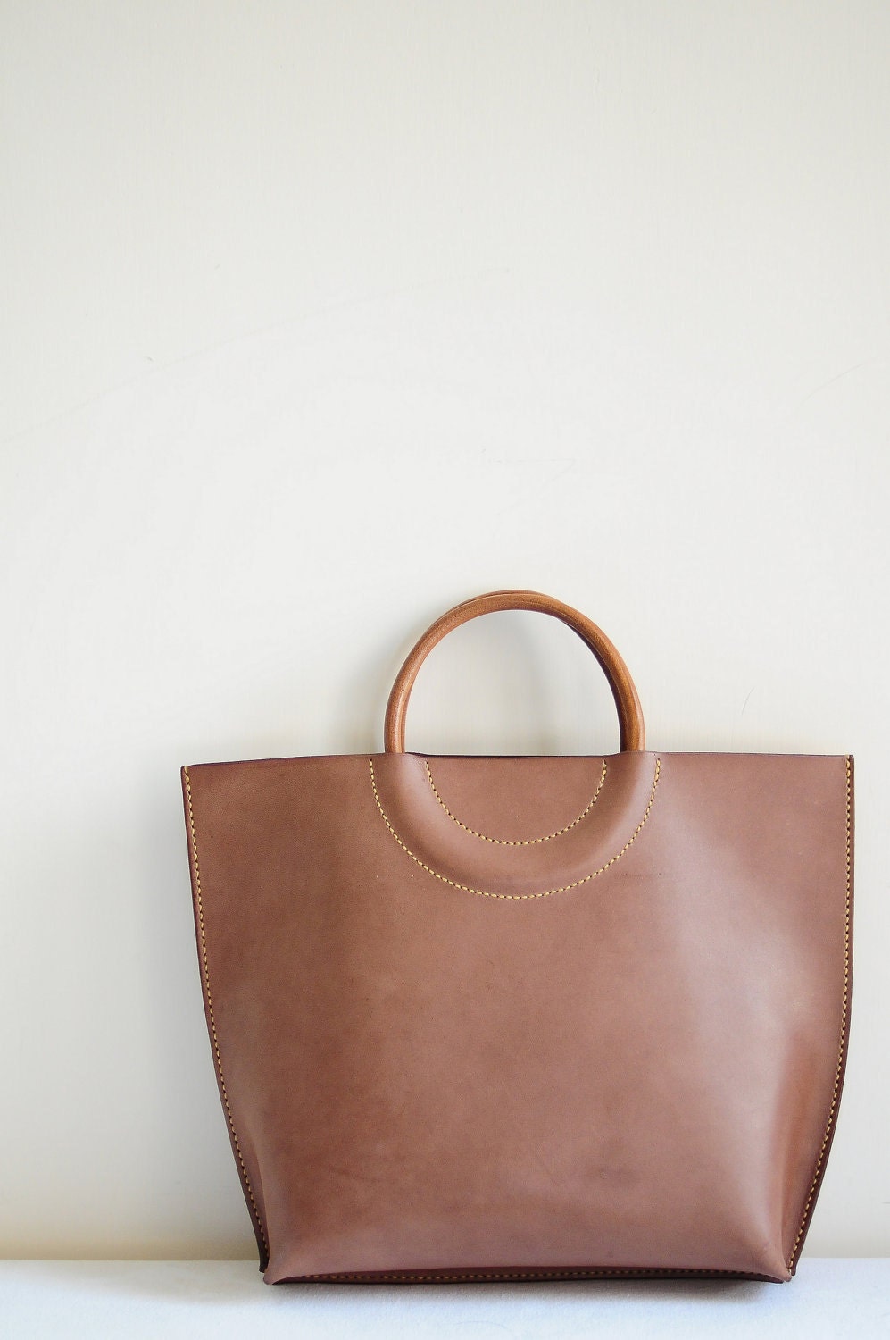 Hand Stitched Dark Brown Leather Tote Bag