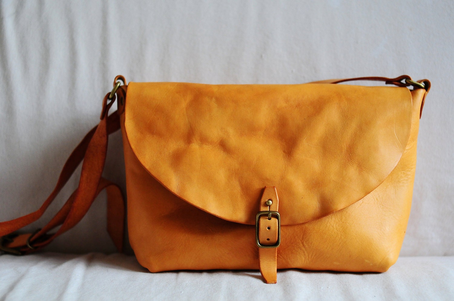 Hand Stitched Washed-Out Light Brown Leather Shoulder Bag/ Carry On Bag