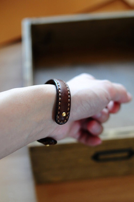 Hand Stitched Dark Brown Leather Bangle/ Bracelet
