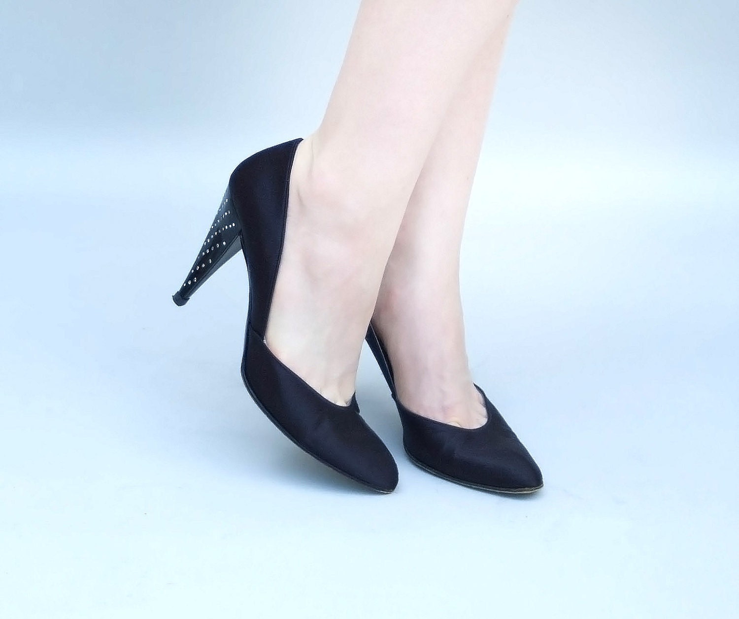Vintage 1950s Style Heels - Power Lunch - Black Silk Satin Designer Charles Jourdan Rhinestone Stilettos
