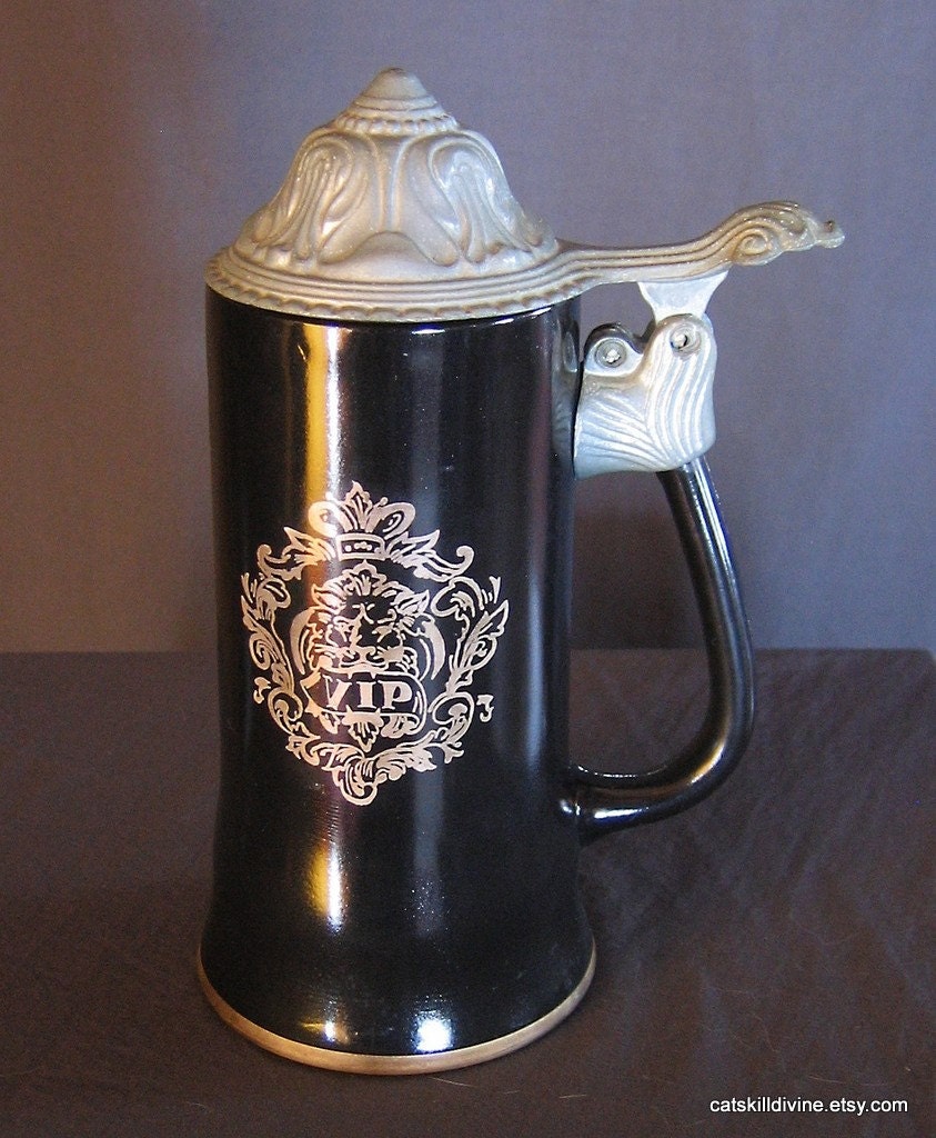 Vintage VIP Black Lidded Glass Beer Stein by CatskillDivine
