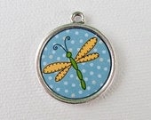 Custom Pet I.D. Tag, Green and Yellow Dragonfly on Silver Double Sided Tag