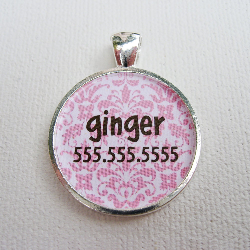 Custom Pet I.D. Tag, Damask on Silver, Assorted Colors