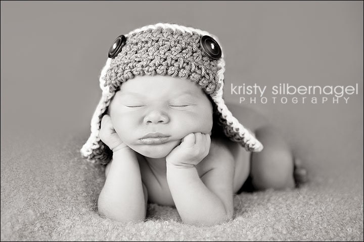 Newborn boy pilot hat -- Gray and white w/ buttons -- Newborn