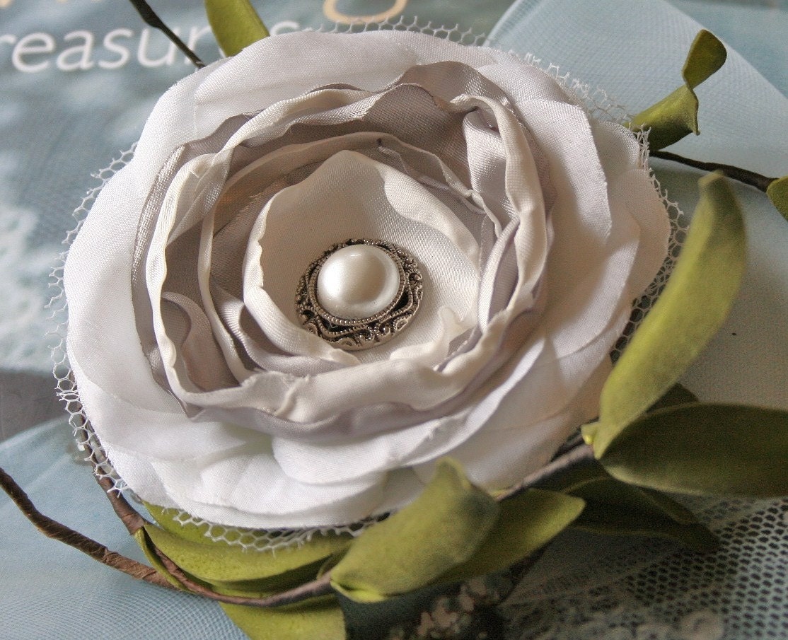 White and silver silky satin bridal hair clip, bridal hair flower, bridal hairpiece, flower fascinator
