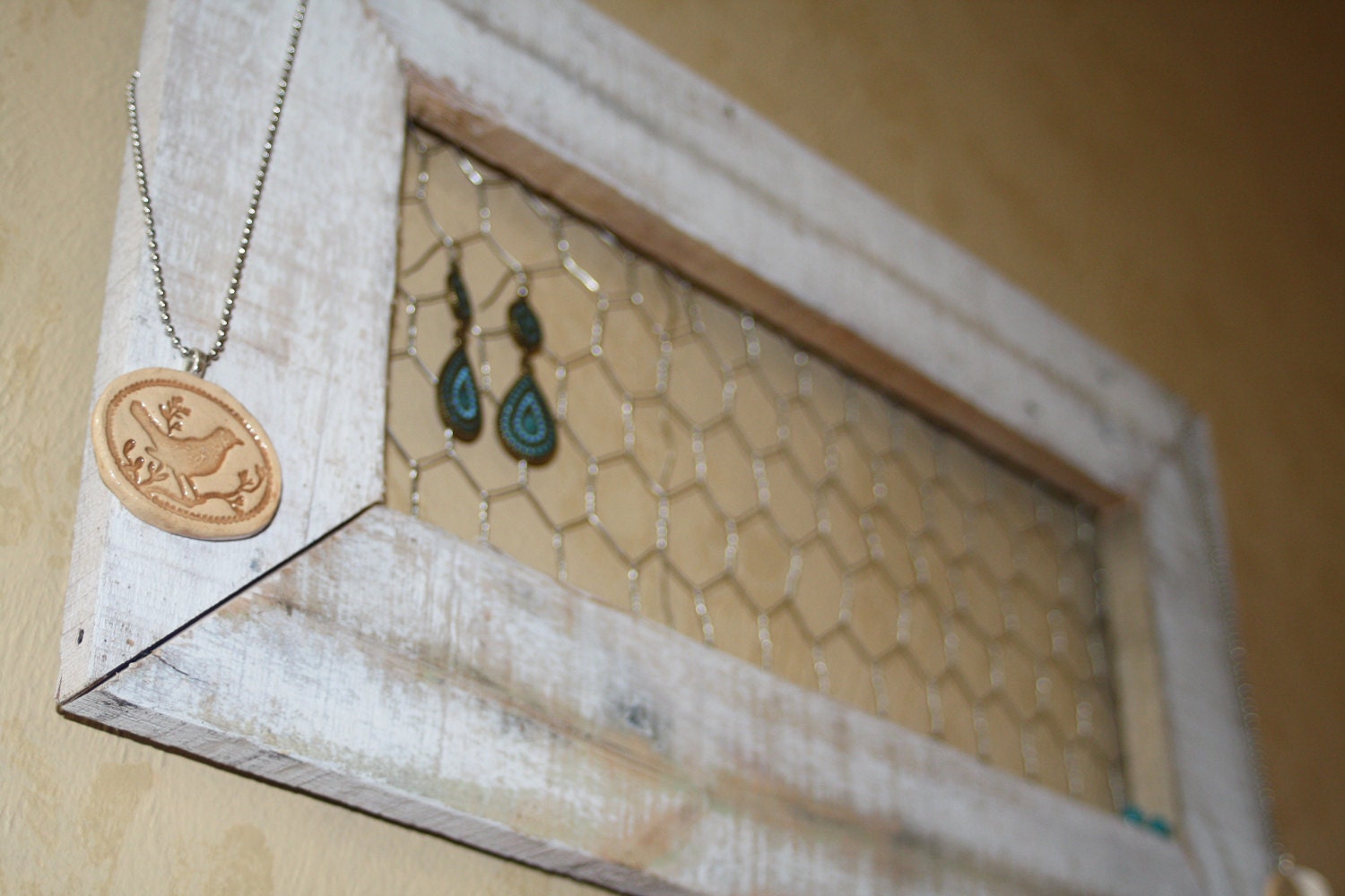 Jewelry Organizer Display made from distressed upcycled wood and chicken wire