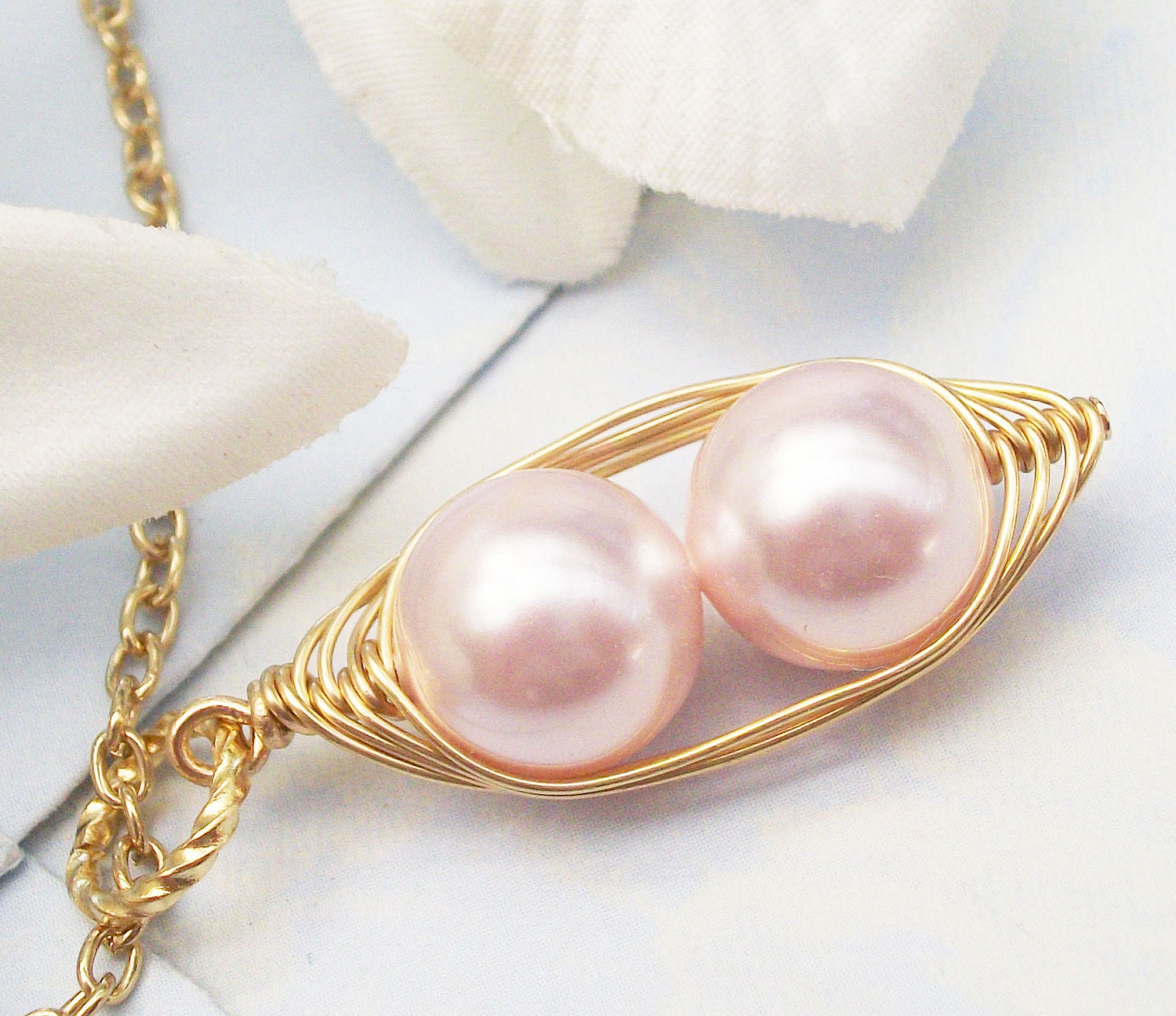 Two Peas In A Pod Pendant Necklace Pink Swarovski Pearl Two Special Girls. Brides, Bridesmaids, Best Friend, Sister, Family Or Mother