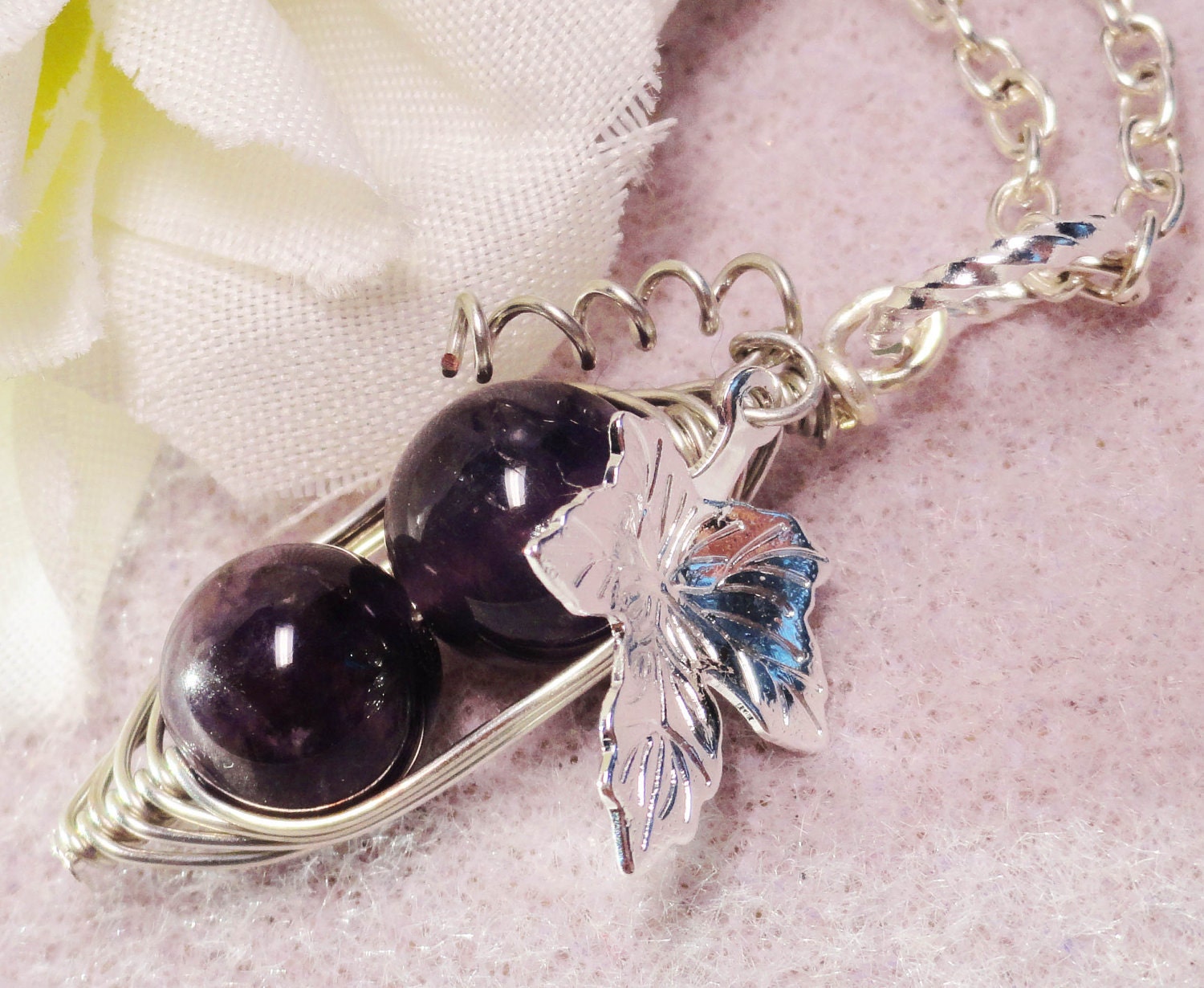 Two Peas In A Pod Silver Necklace Amethyst Gemstone Ideal For Friends Family Or Mothers
