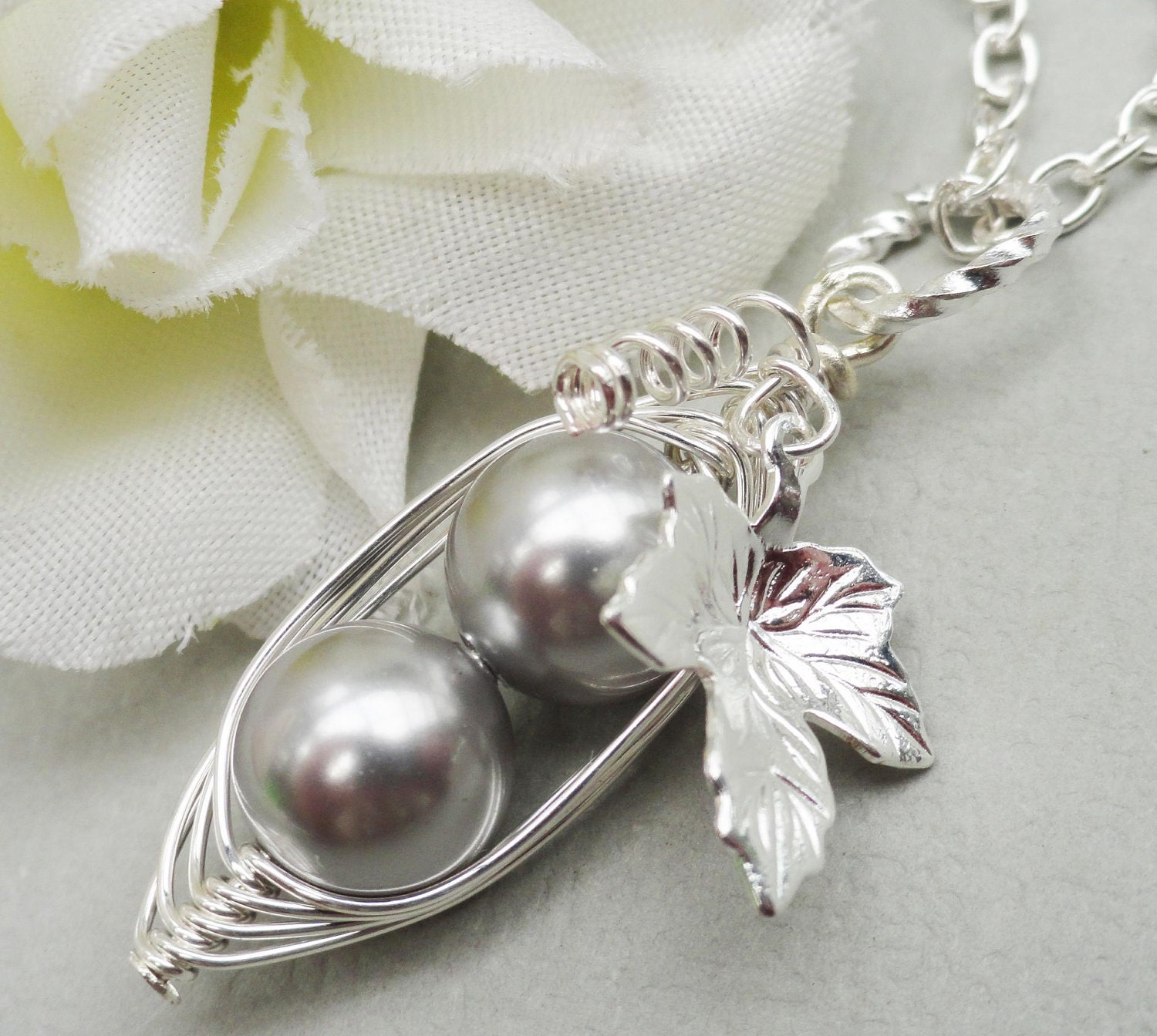 Two Peas In A Pod Silver  Swarovski Pearls Pendant Necklace. For Two Special People. Brides Friends Sisters And Mothers