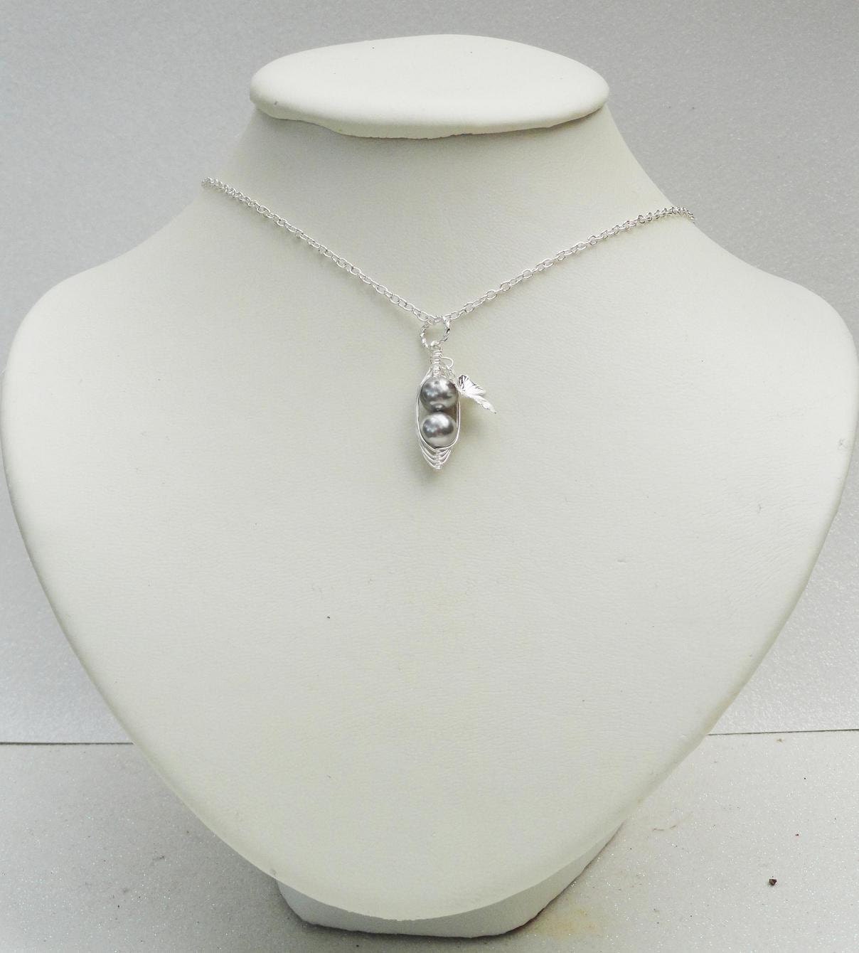 Two Peas In A Pod Silver  Swarovski Pearls Pendant Necklace. For Two Special People. Brides Friends Sisters And Mothers