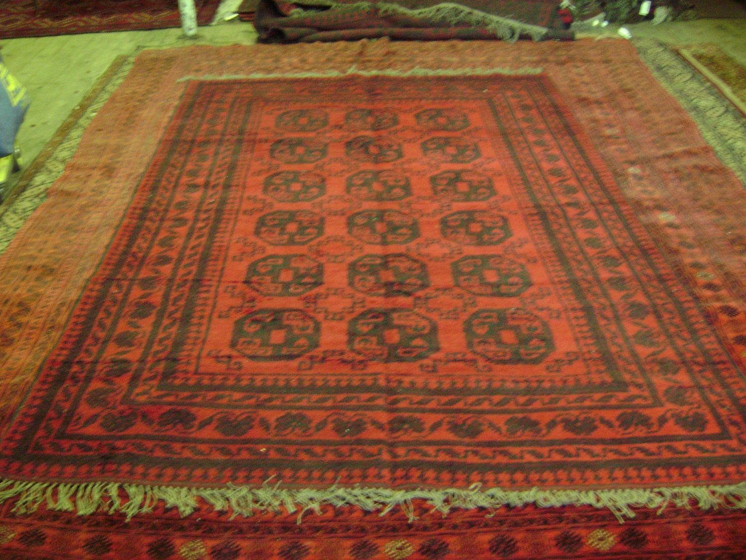 Vintage Made in Pakistan Ersari Qarkin Room Sized Oriental Rug Red and Black 6' 6" by 8' 10"