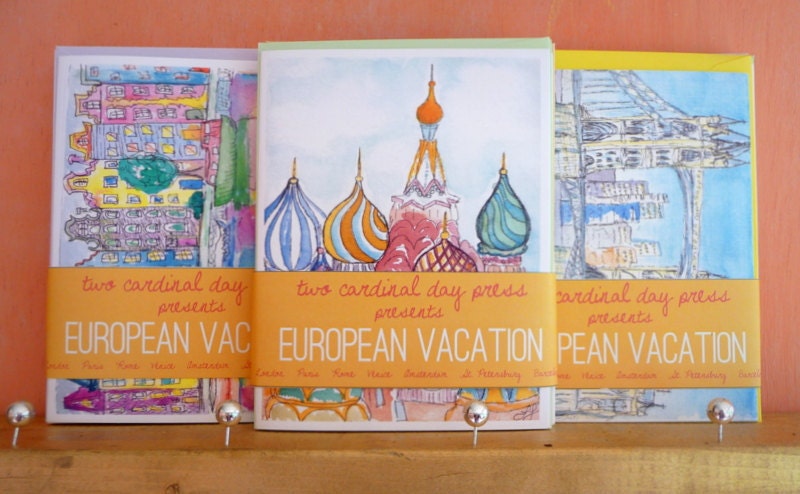European Vacation Stationery Note Card Set featuring Moscow, Amsterdam, London, Paris, Rome, Barcelona