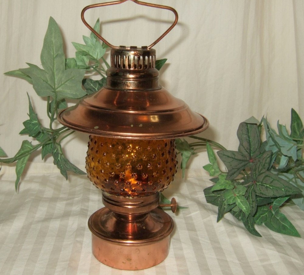 Vintage hurricane lamp,copper and amber glass lantern, oil lamp FREE SHIP cont US