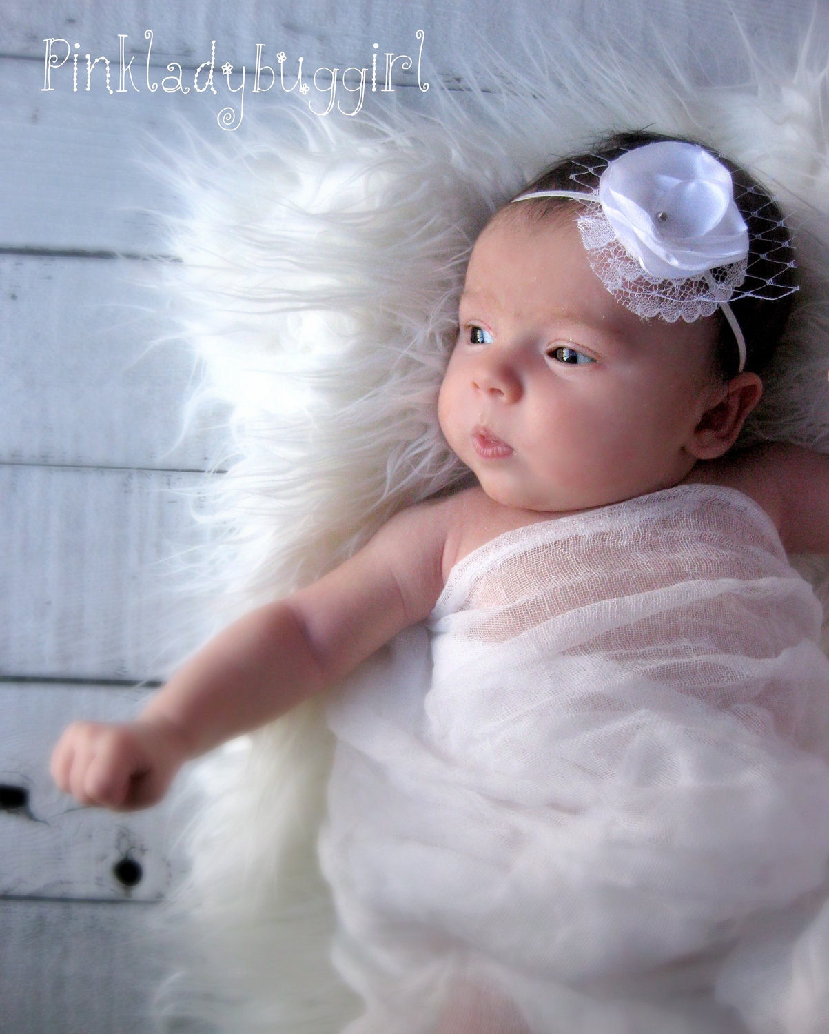 Elegant white rhinestone and lace flower headband and matching white cheesecloth wrap photographer must have