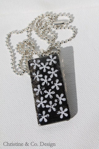 Black with White Flowers Glass Pendant/ Handbag Charm