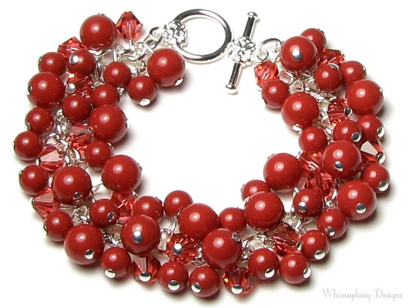 Indian Summer Swarovski Crystal & Red Coral Gemcolors Cluster Charm Bracelet - whimsydaisydesigns